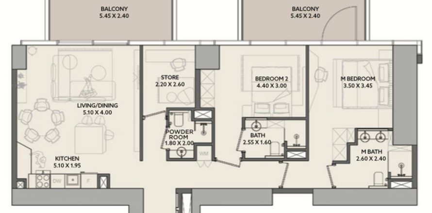 Appartement à Downtown Dubai (Downtown Burj Dubai), Dubai, 2 chambres, 129.1 m², № 90379