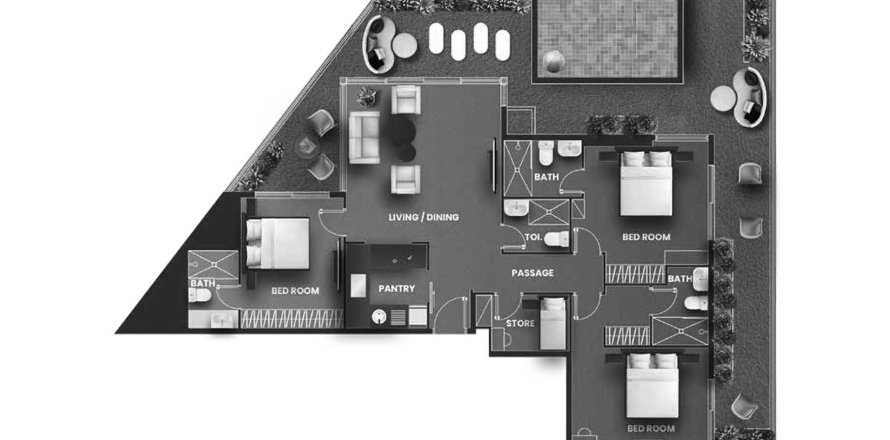 3 bedrooms Apartment floor plan «3BR-7» in VINCITORE AQUA FLORA
